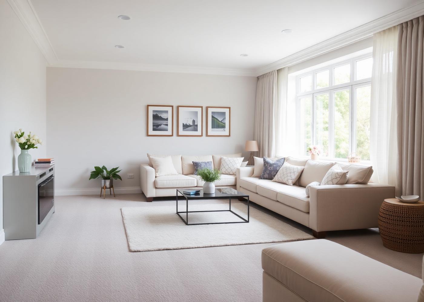 Living room fitted with plush light grey pay weekly carpet